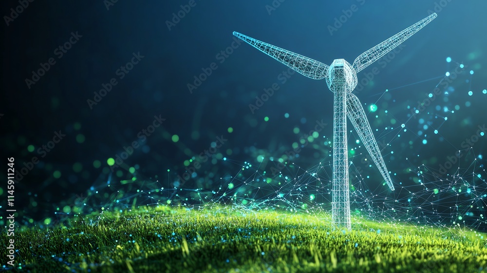 Poster isolated low-poly wind turbine with a green grass base, featuring softly glowing wireframe lines on 
