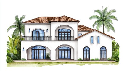 Fototapeta premium Mediterranean House Architectural Watercolor | Watercolor illustrat...