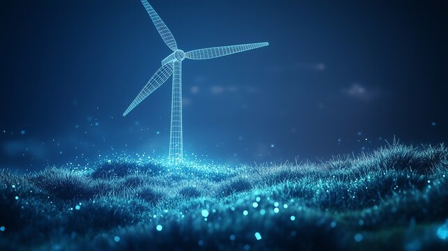 Isolated Low-Poly Wind Turbine with a Green Grass Base, Featuring Softly Glowing Wireframe Lines on a Dark Blue Background for Clean Energy Innovations