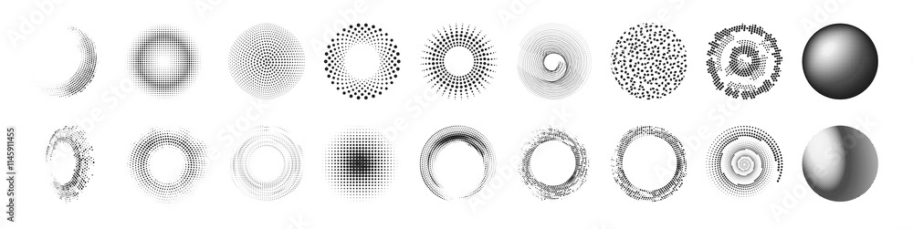 Wall mural halftone circular dotted frames set. circle dots texture isolated on transparent background. abstrac