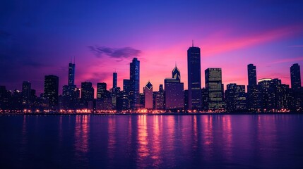 Obraz premium A stunning city skyline at dusk, with vibrant purple and pink hues reflecting on the water, showcasing modern architecture and a tranquil atmosphere.