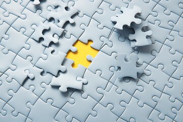 Fototapeta premium Close-Up of Pale Blue Jigsaw Puzzle with Missing Bright Yellow Piece at Center, Featuring Scattered Pattern on Light Gray Background for a Clean, Modern Aesthetic