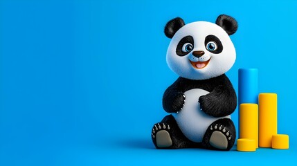 Cute Cartoon Panda Sitting with Colorful Blocks on Blue Background