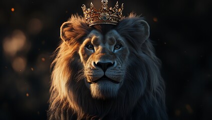  lion a crown against a sleek black matte background showcasing strength and regality.AI GENERATED