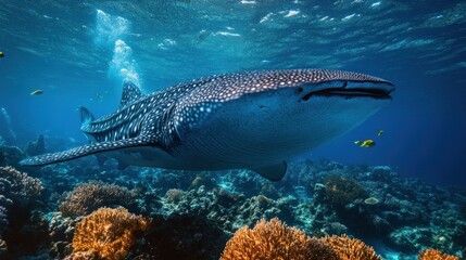 Obraz premium Whale Shark Swimming Over Vibrant Coral Reef