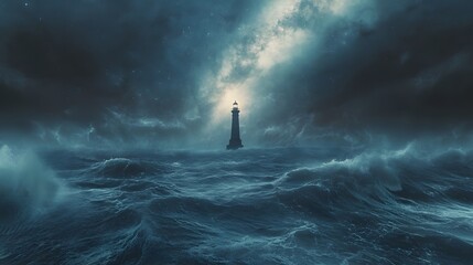 Lone Lighthouse Standing Strong Amidst a Stormy Sea