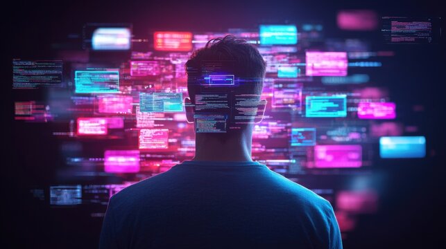 Man Looking at Colorful Data Streams Representing Digital Technology
