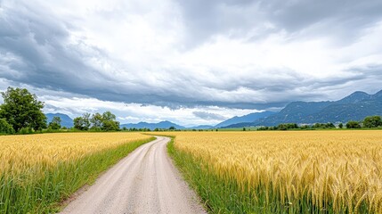 Fototapeta premium Winding dirt road through golden wheat field under dramatic sky.
