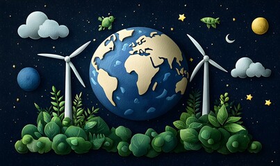 Fototapeta premium Earth in Nature with Wind Turbines and Stars, Eco-Friendly Design