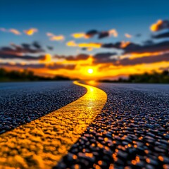 Serene Sunset Over Curved Road with Vibrant Cloudy Sky
