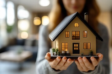 The image features a person holding a detailed miniature model of a house, symbolizing aspirations, dreams of home ownership, and the essence of comfort and security.
