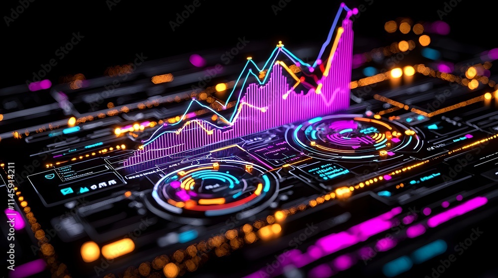 Poster colorful data visualization with graph and digital interface elements