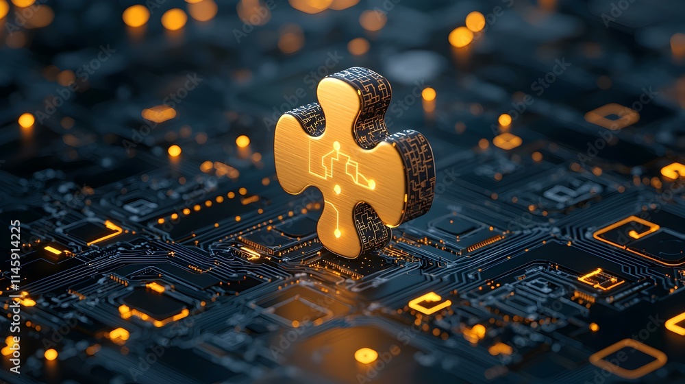 Poster digital puzzle piece on circuit board background with glowing elements