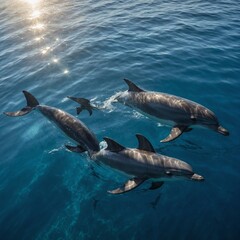 Fototapeta premium A group of dolphins swimming near the ocean surface, illuminated by sunlight.