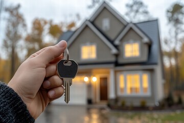The image captures a homebuyer proudly holding out a key towards a newly purchased house, illuminated with warm lights, symbolizing new beginnings and sparkling opportunities.