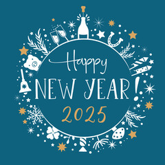 Happy New Year 2025 greeting card - New Year greetings round calligraphy - Text petrol blue