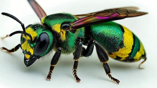 Vibrant green and yellow bee resting on a surface, showcasing intricate patterns and details in its appearance