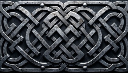 Viking knotwork background, interlaced Celtic and Norse patterns, dark gray and silver colors, intricate design