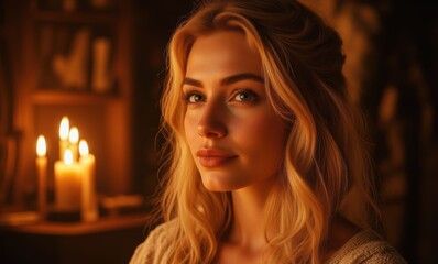 Elegant blonde woman in warm candlelight