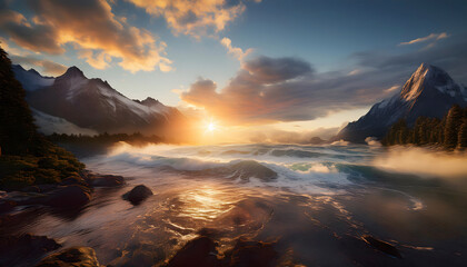 Dramatic Sunset over Ocean Waves Crashing on Rocky Shore Majestic Mountains
