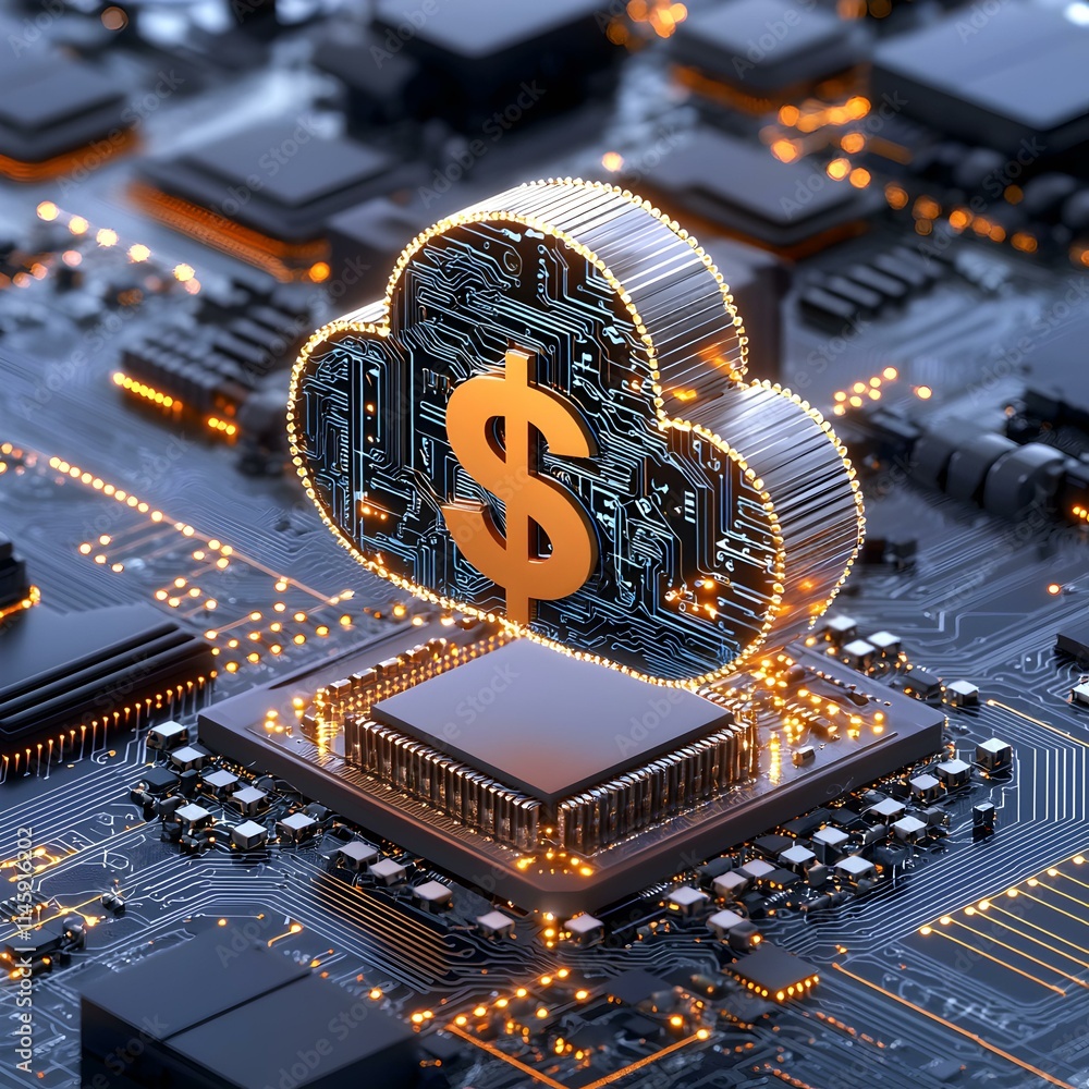 Poster digital cloud with dollar symbol on circuit board background