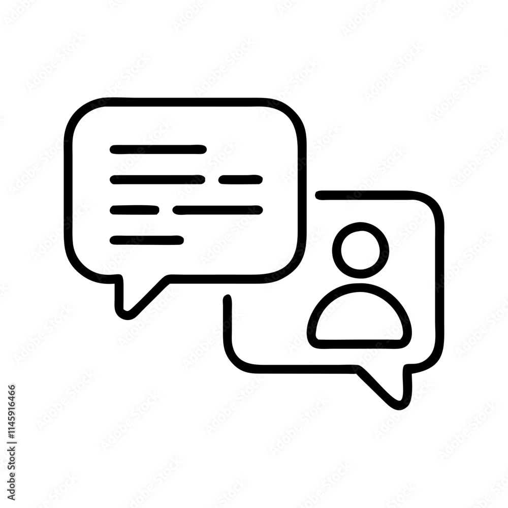 Poster icon representing communication and interaction, featuring speech bubbles with text and a user silho