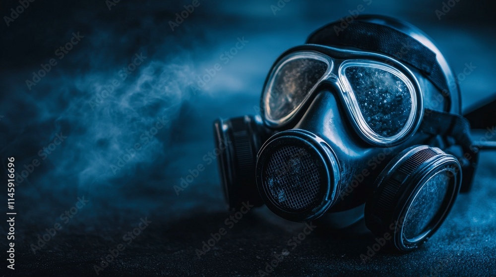 Poster high-quality respirator mask with dual filters in industrial setting captured close-up for safety aw