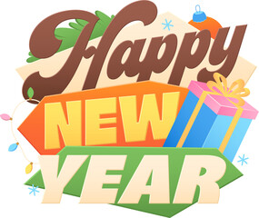lettering happy new year with gift box text