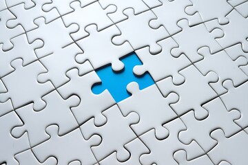 Fototapeta premium Close-Up of Pale Blue Jigsaw Puzzle with Missing Bright Yellow Piece at Center, Featuring Scattered Pattern on Light Gray Background for a Clean, Modern Aesthetic
