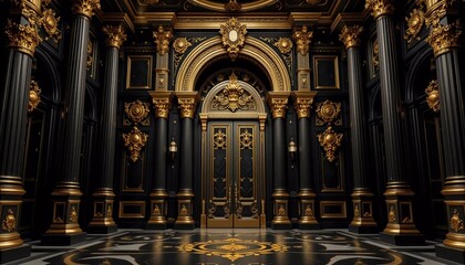 gold and black baroque style portal of a palace, columns interior palace design, generative ai