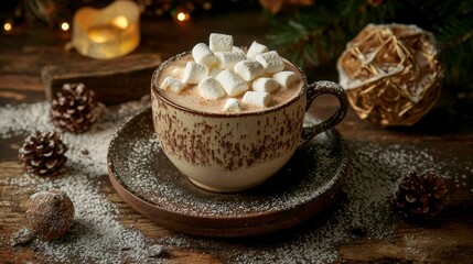 Indulging in a cozy hot chocolate mug with marshmallows winter wonderland food photography rustic setting close-up comfort