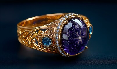 Elegant Gold Ring with Amethyst Gem and Intricate Design Details