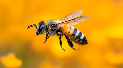 Honeybee in flight against a blurred yellow background.