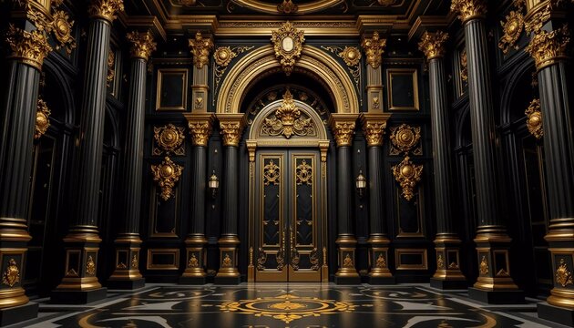 gold and black baroque style portal of a palace, columns interior palace design, generative ai