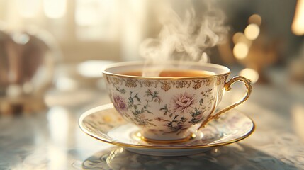 Fototapeta premium Steaming Cup of Tea in a Vintage Setting
