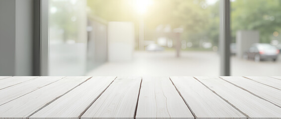 white wood table top on blurred abstract background