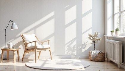 Minimalist Scandinavian interior with light wooden chair and neutral rug, soft natural light through window
