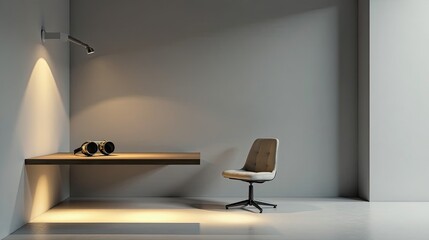 Modern minimalist interior design featuring a floating shelf, a single chair, and subtle lighting