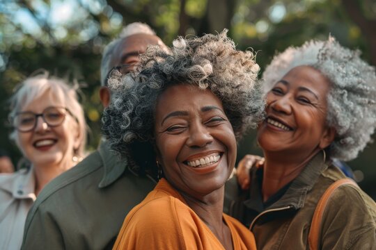 Group of diverse senior friends having fun together in a park. Multiracial group of people bonding outdoors. - Powered by Adobe