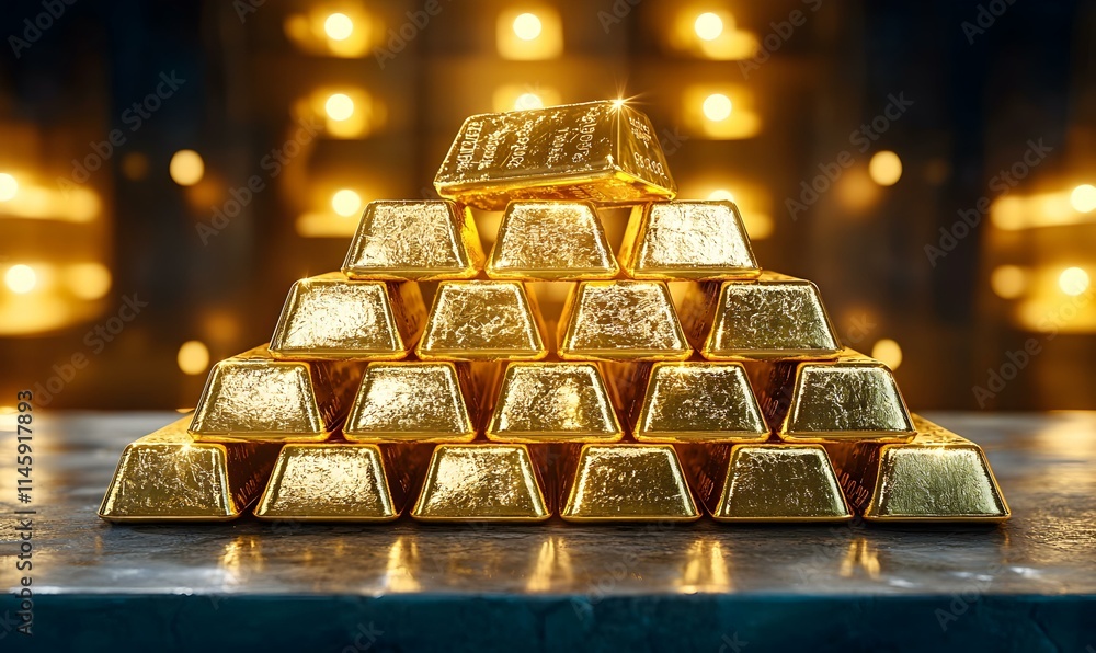 Poster pile of gleaming gold bars with soft light background display