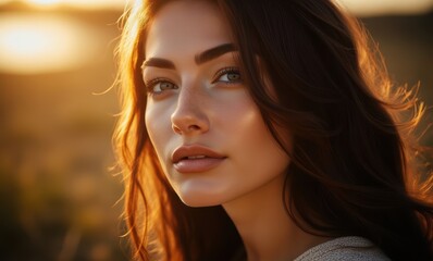 Serene young woman with long brown hair