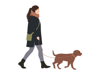 A young woman in a coat walks with a dog. Flat vector illustration isolated on white background