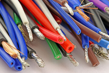 Electric copper stranded insulated mounting wires. Close-up. Soft focus. 