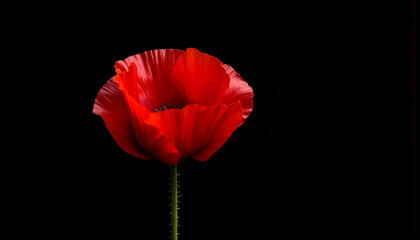 Isolated red poppy flower on slender green stem against simple black background