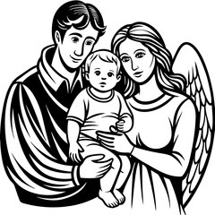 Graceful Family with Angel Wings Illustration - Black and White Religious Artwork