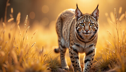 Obraz premium Close-up of wild cat standing in tall golden grass with intense focused gaze