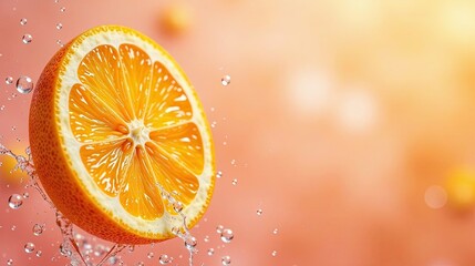 A Sliced Orange in Motion, Surrounded by Refreshing Water Droplets Against a Soft, Peach-Colored Background