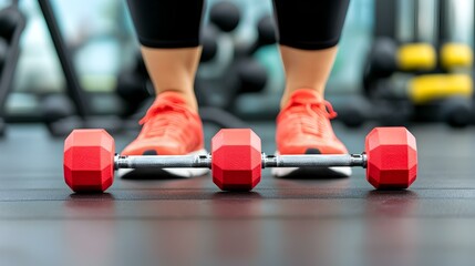 Fototapeta premium Bright Red Dumbbells on Gym Floor with Female Legs in Sneakers