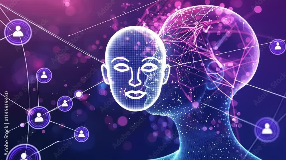 Poster artificial intelligence is creating a face from glowing dots and lines, symbolizing future technolog
