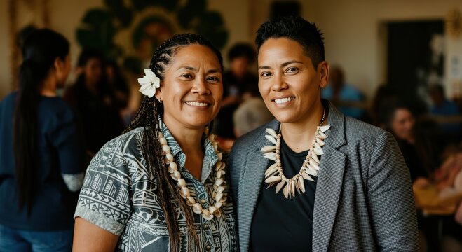 Pacific islander women in traditional attire celebrating cultural heritage